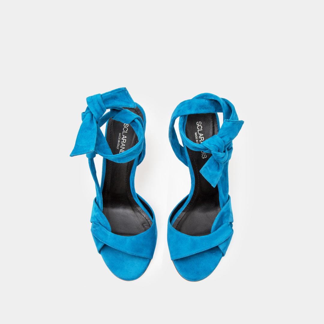 Azure suede ankle tie Sandal with a block heel