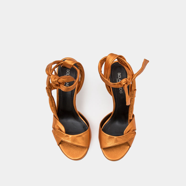 Copper metallic nappa ankle tie Sandal with a block heel