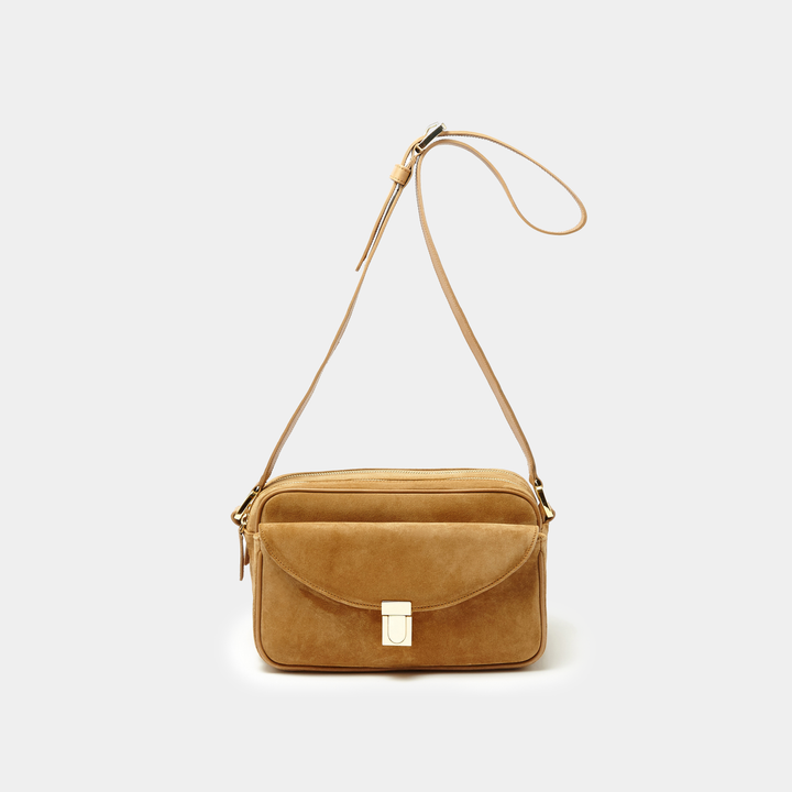 Tan Suede Double zipper cross-body bag