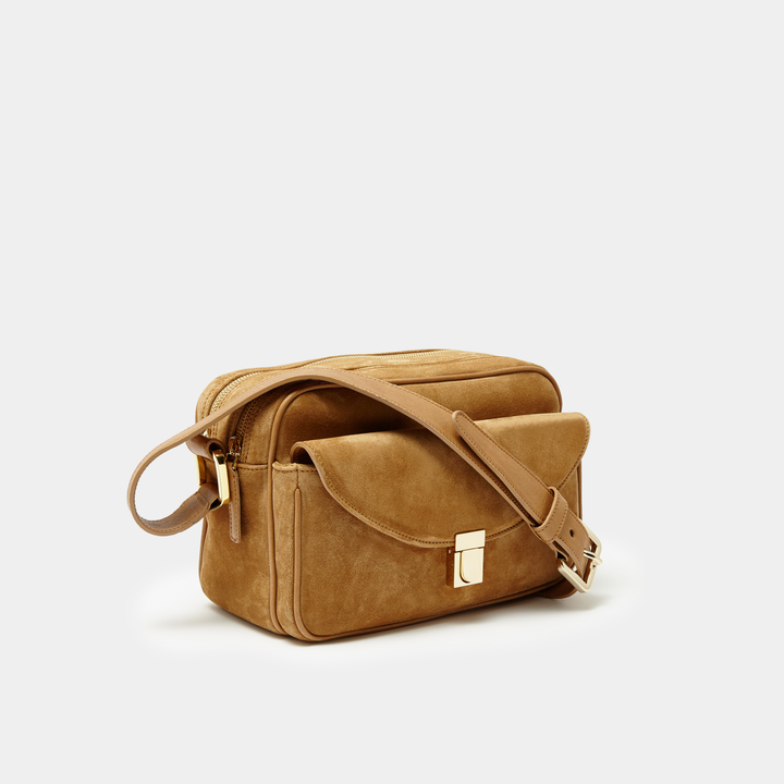Tan Suede Double zipper cross-body bag