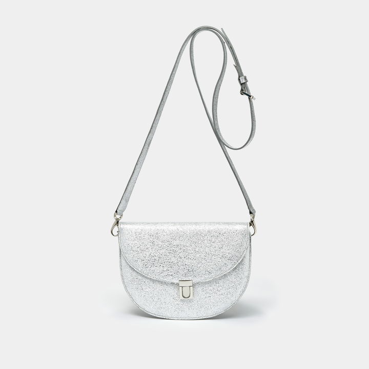 Crinkled Silver Leather Half moon shaped cross-body bag 