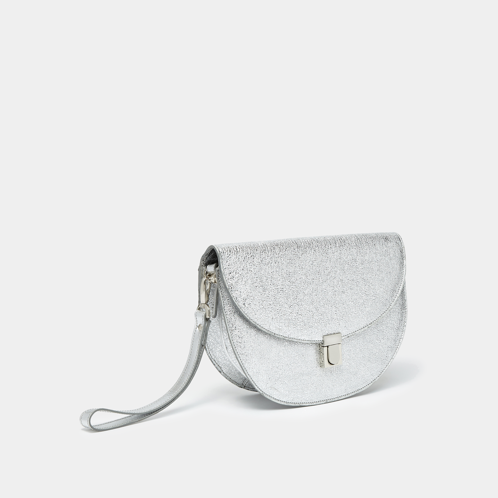 Crinkled Silver Leather Half moon shaped cross-body bag