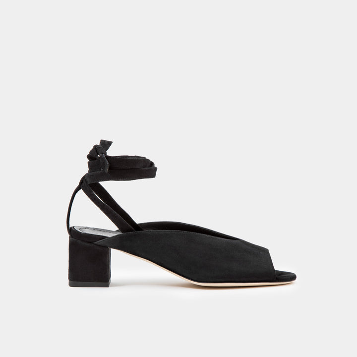 Black suede peep toe mule with an ankle tie wrap block heel