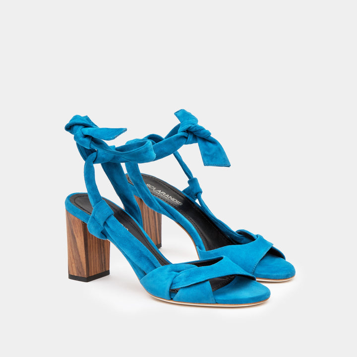 Azure suede ankle tie Sandal with a block heel