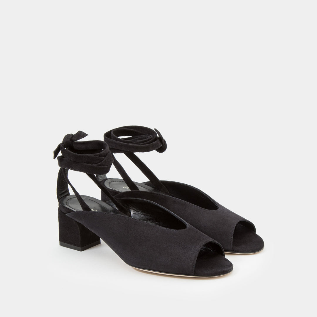 Black suede peep toe mule with an ankle tie wrap block heel