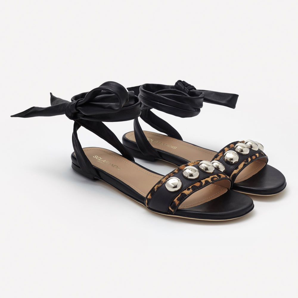 Animal Print Silver studded single band ankle-tie flat sandal