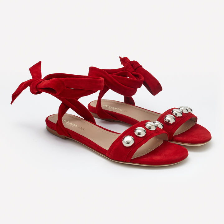 Red Suede Silver studded single band ankle-tie flat sandal