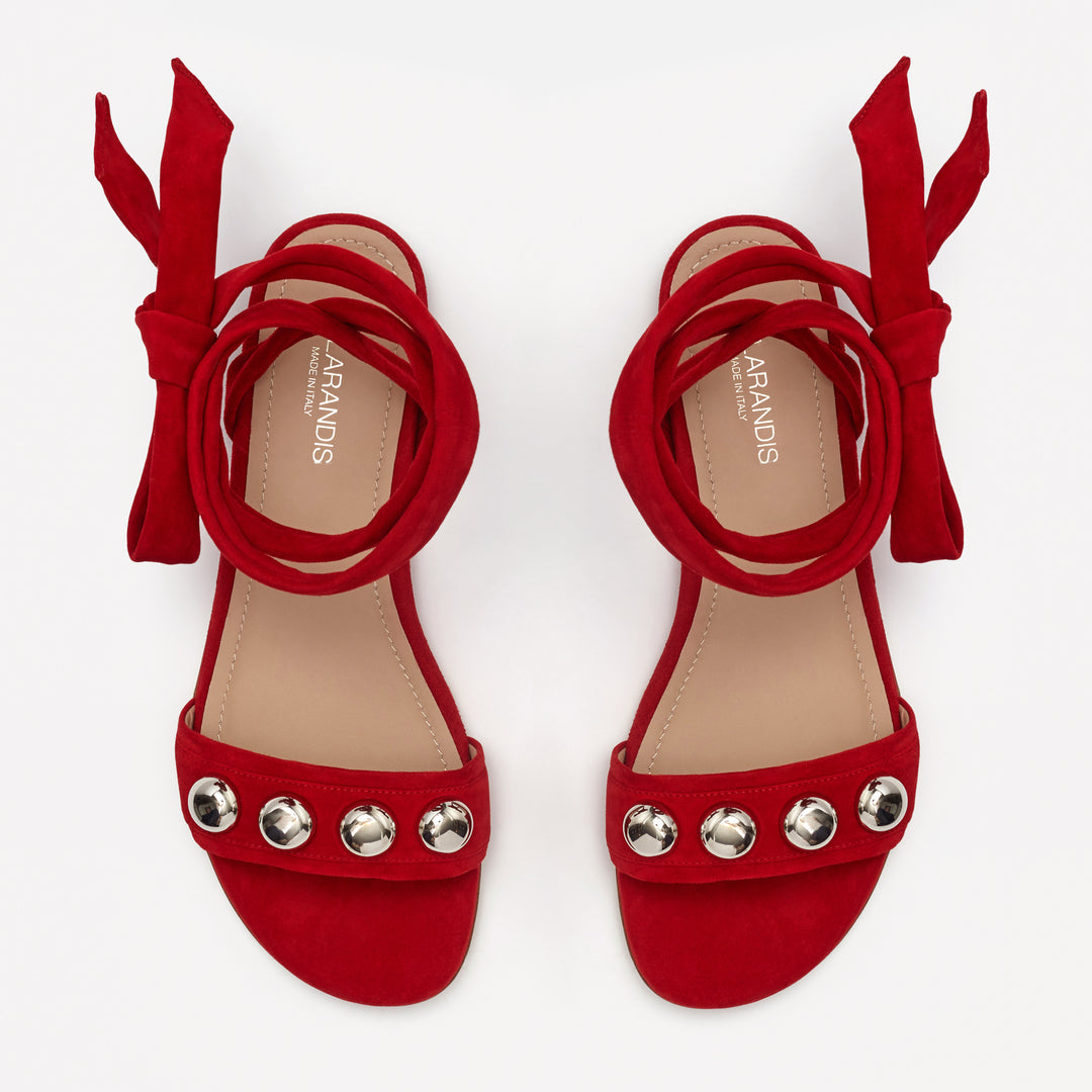 Red Suede Silver studded single band ankle-tie flat sandal