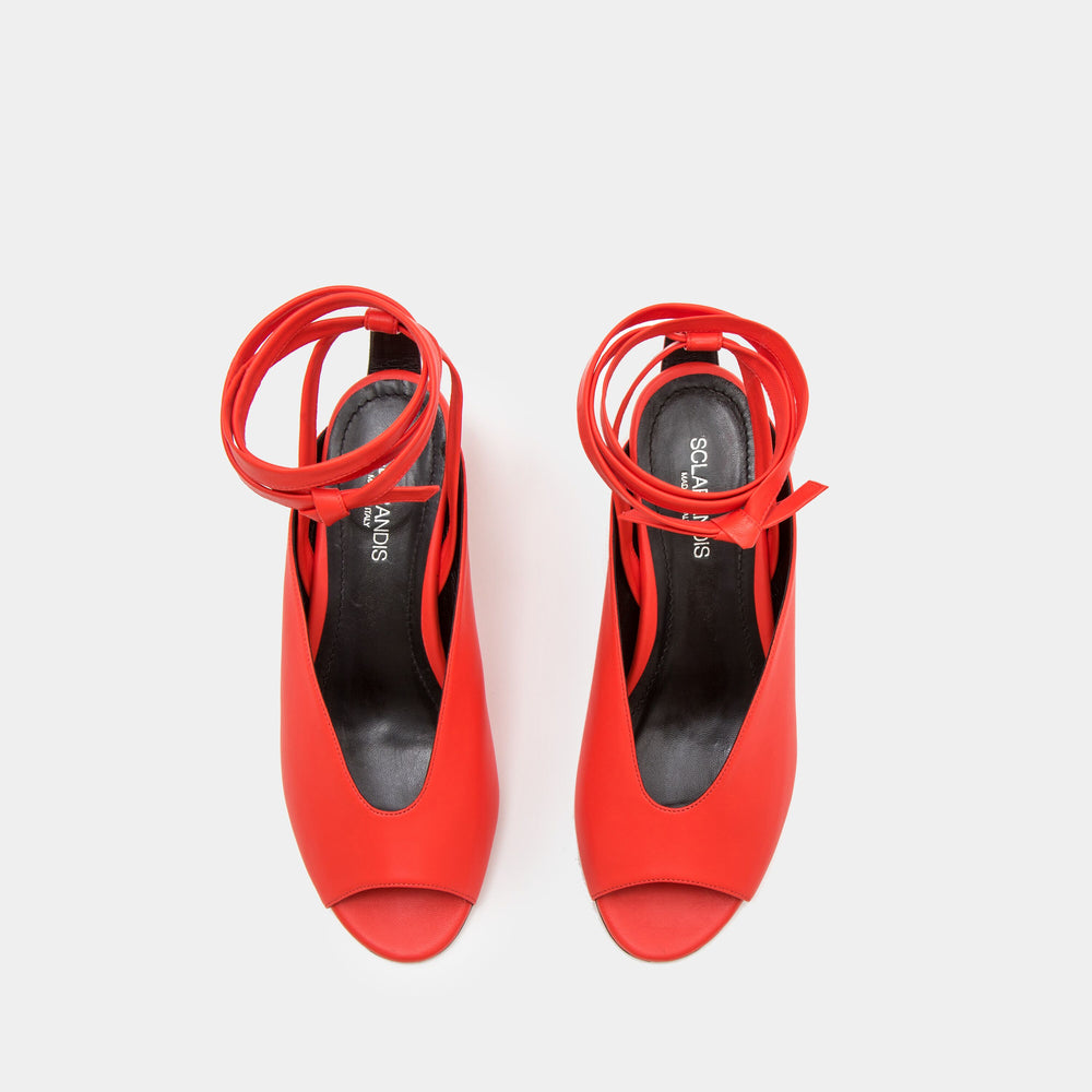 Red Nappa peep toe mule with an ankle tie wrap block heel