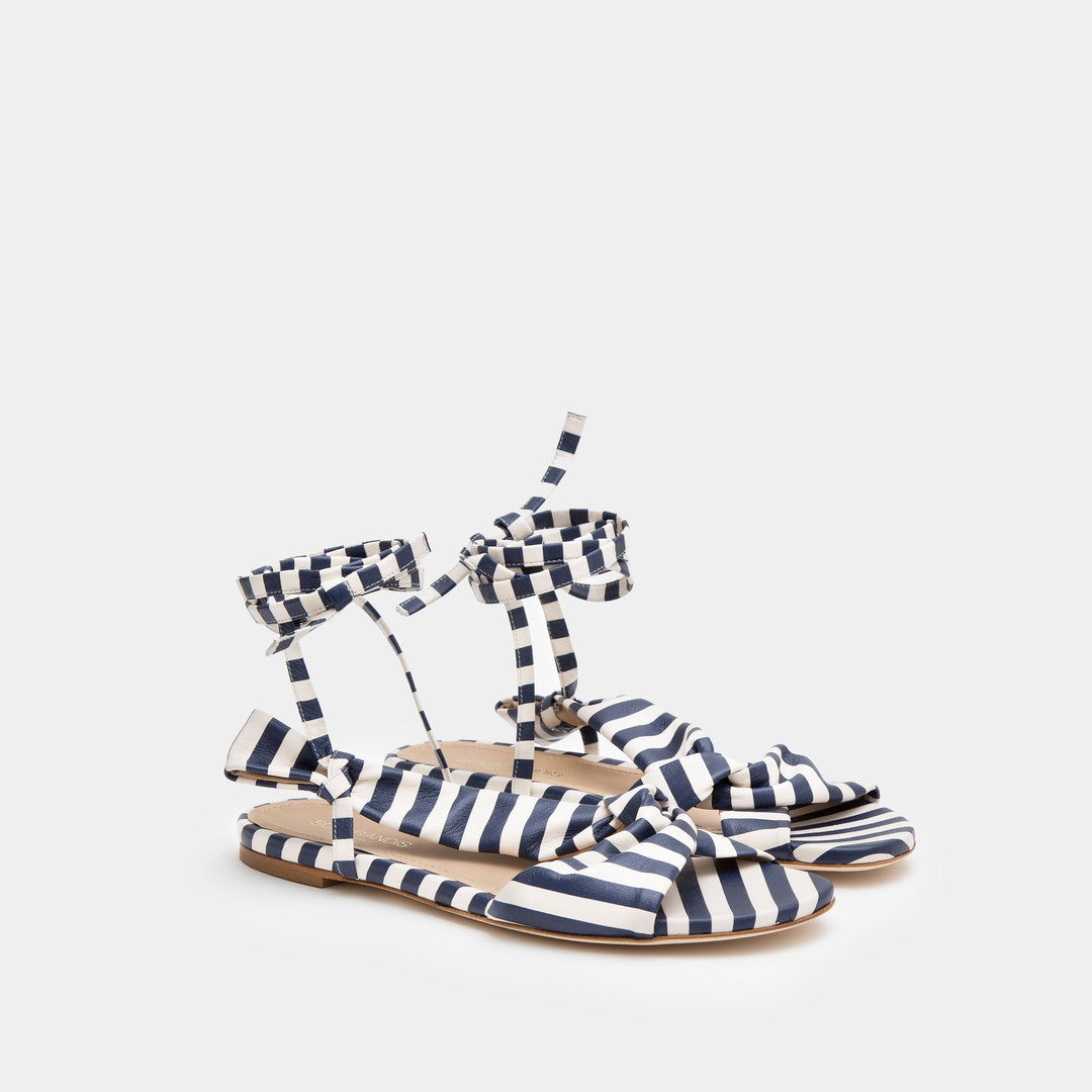 Striped Navy Knotted nappa flat sandal with an ankle tie wrap