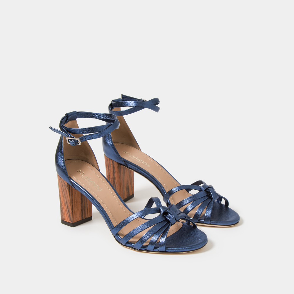 Sclarandis Anita Sandal Metallic Blue leather with Block heel