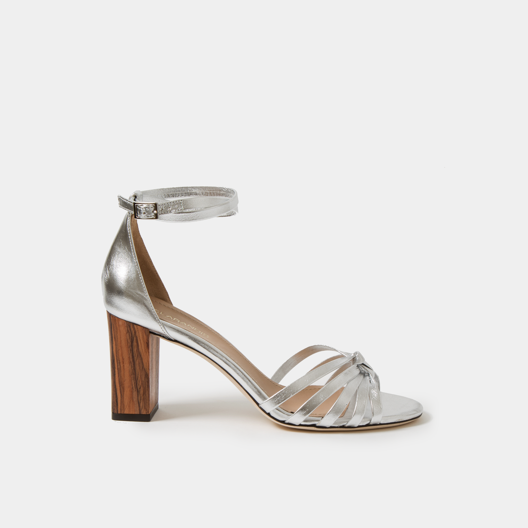 Sclarandis Anita Sandal Crinkled Silver Leather with block heel