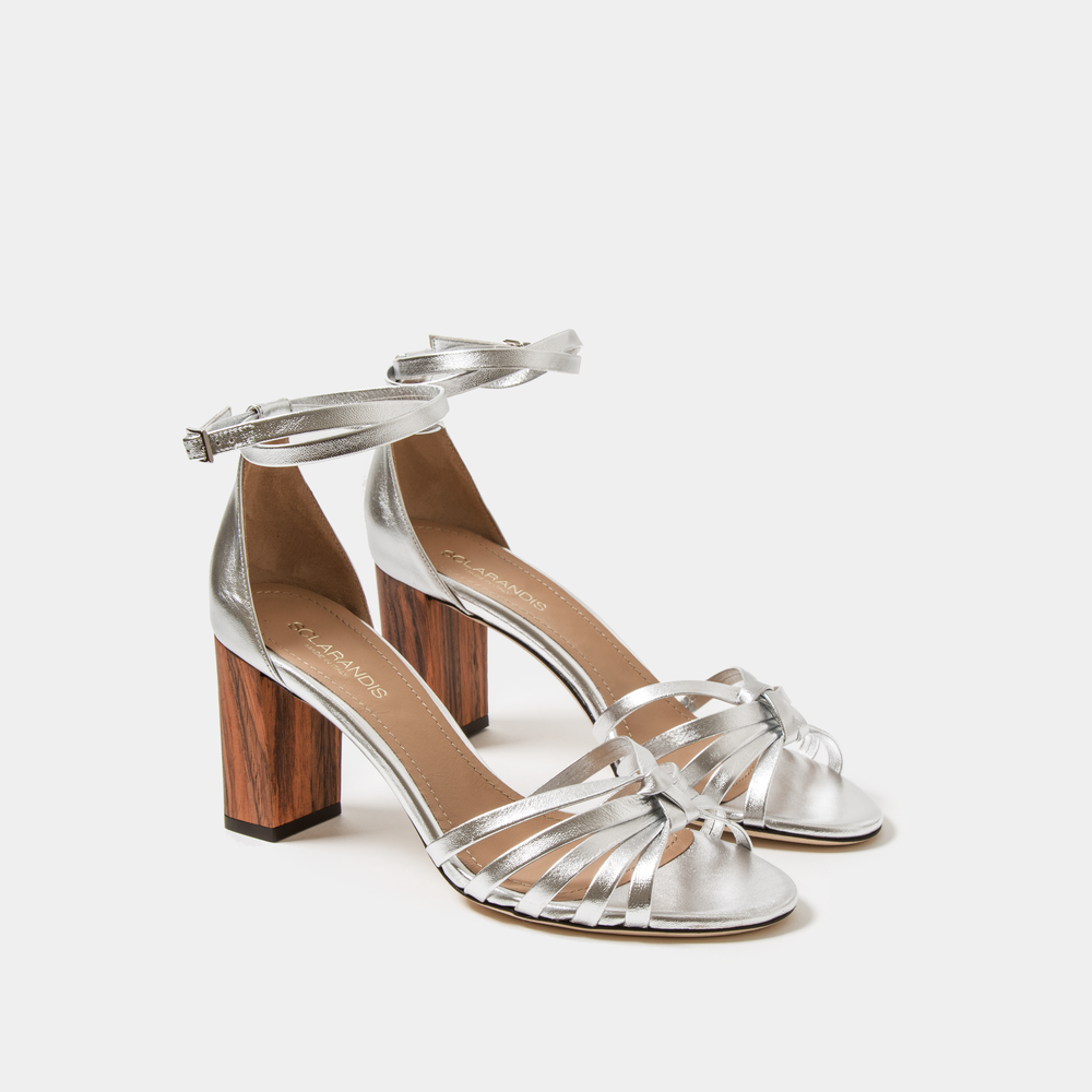 Sclarandis Anita Sandal Crinkled Silver Leather with block heel