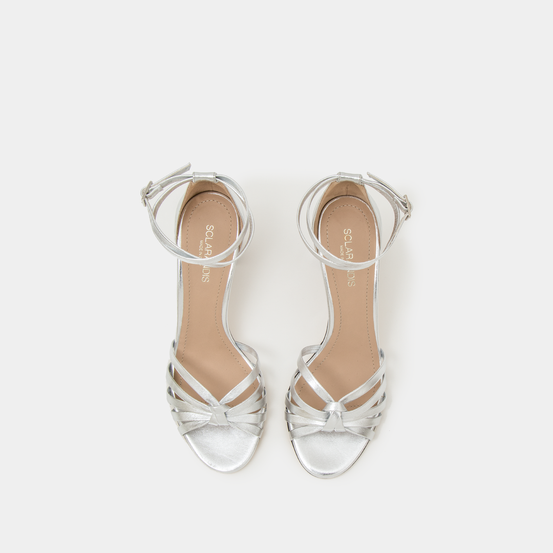 Sclarandis Anita Sandal Crinkled Silver Leather with block heel