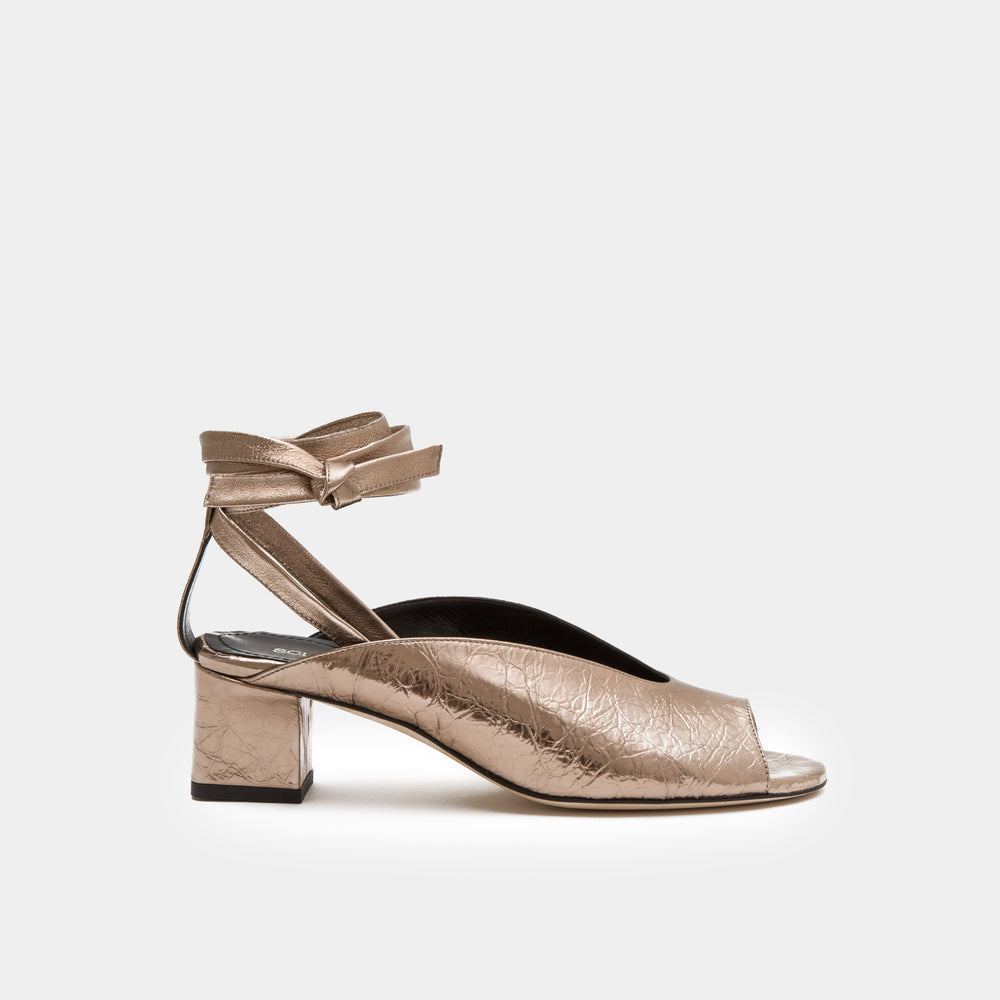 Bronze metallic nappa peep toe mule with an ankle tie wrap block heel