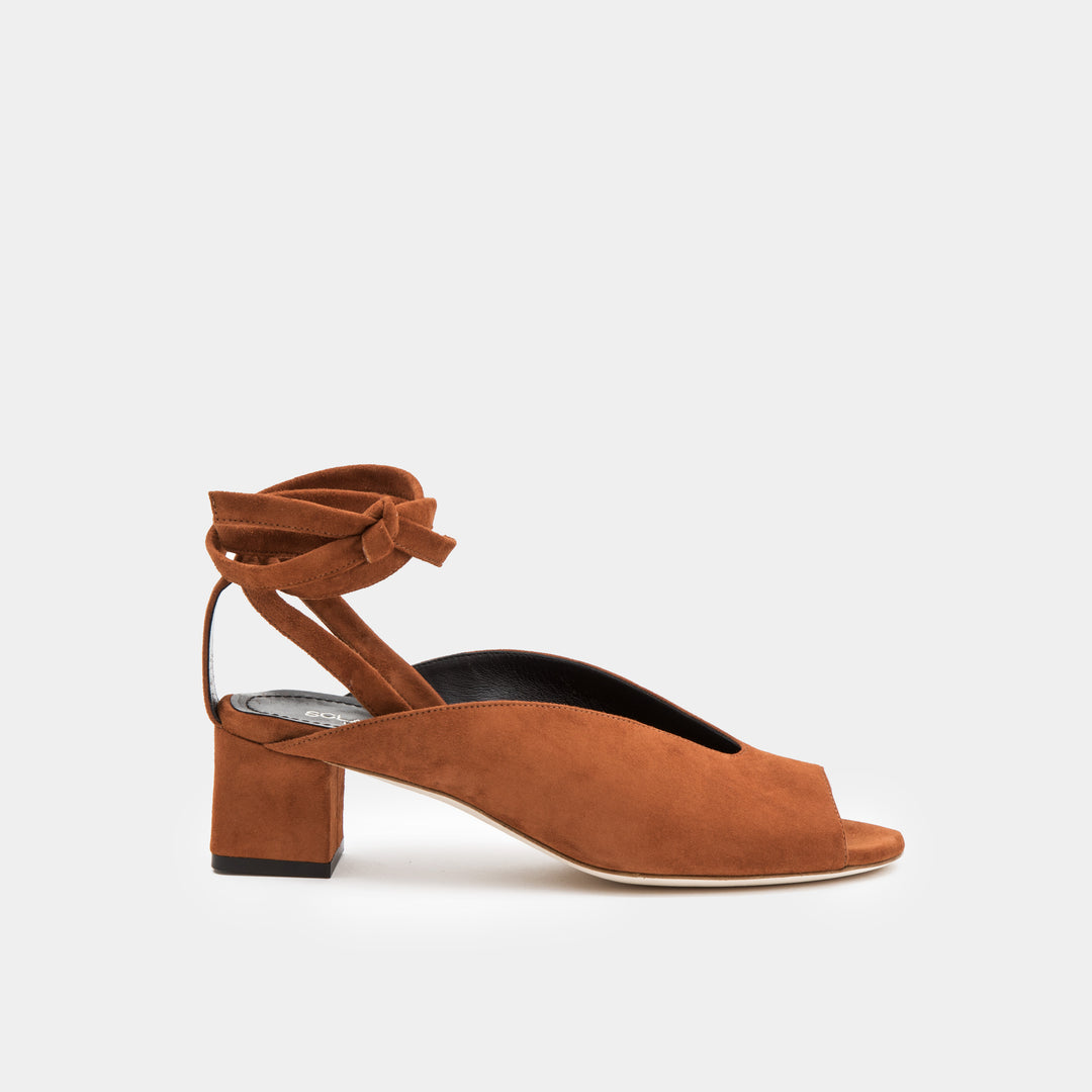 Cognac suede peep toe mule with an ankle tie wrap block heel