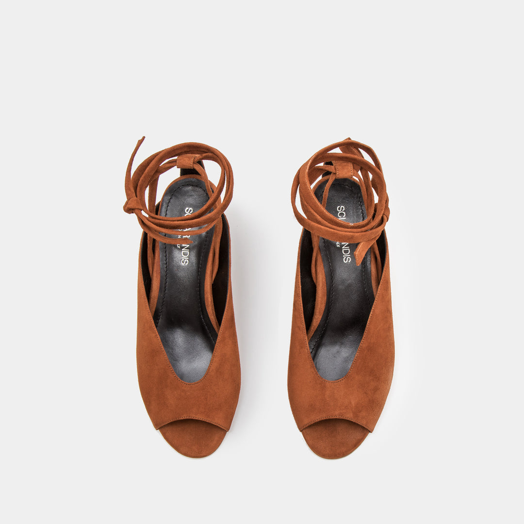 Cognac suede peep toe mule with an ankle tie wrap block heel