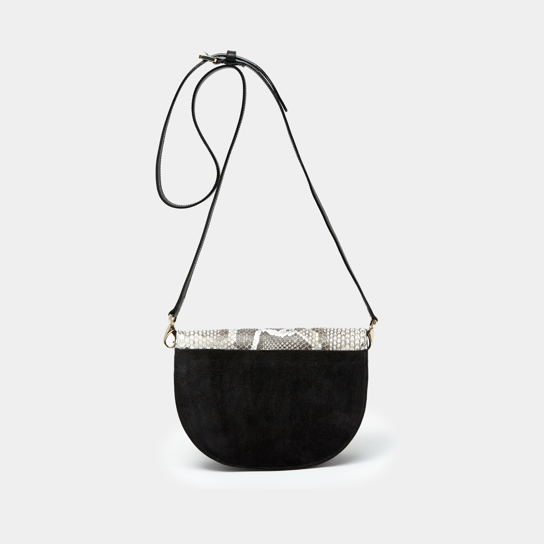 Black Suede with Black and White Python Half moon cross-body bag