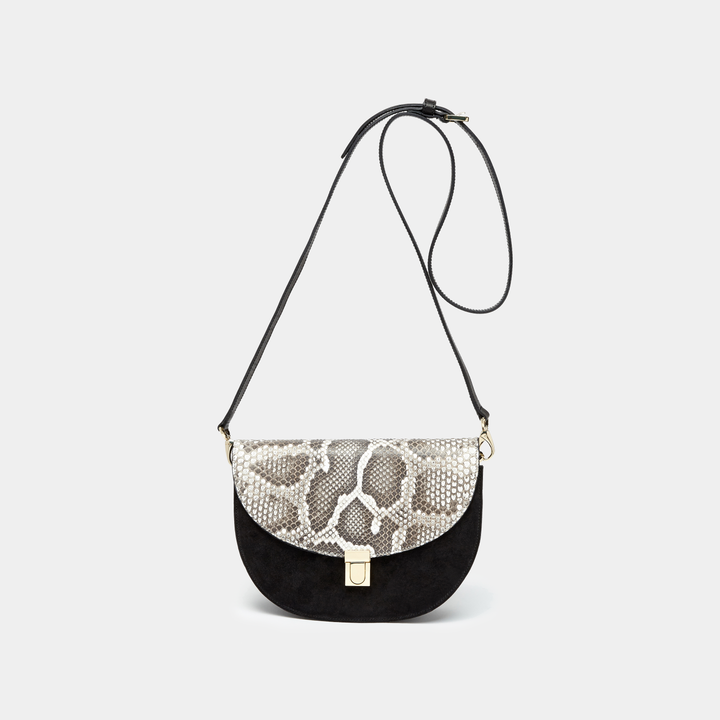 Black Suede with Black and White Python Half moon cross-body bag