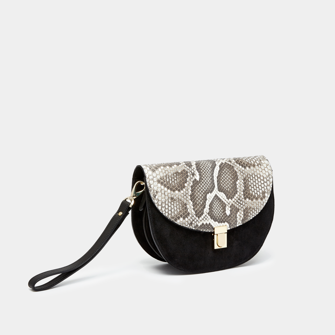 Black Suede with Black and White Python Half moon cross-body bag