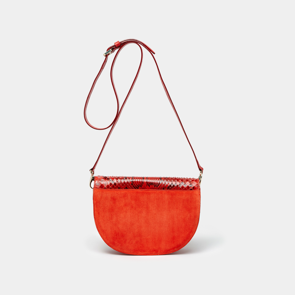 Red Suede with Red and Black Python Half moon shaped cross-body bag