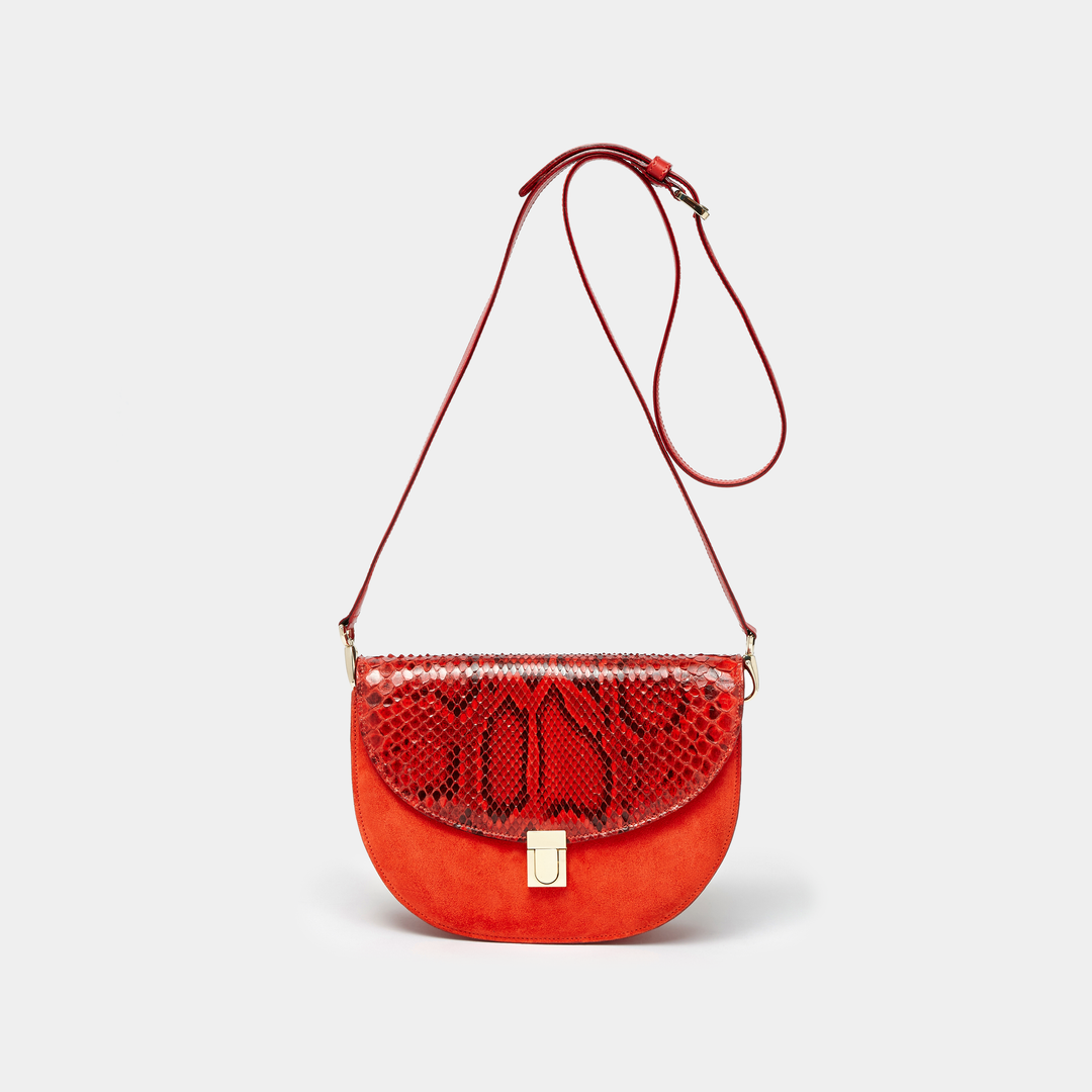 Red Suede with Red and Black Python Half moon shaped cross-body bag