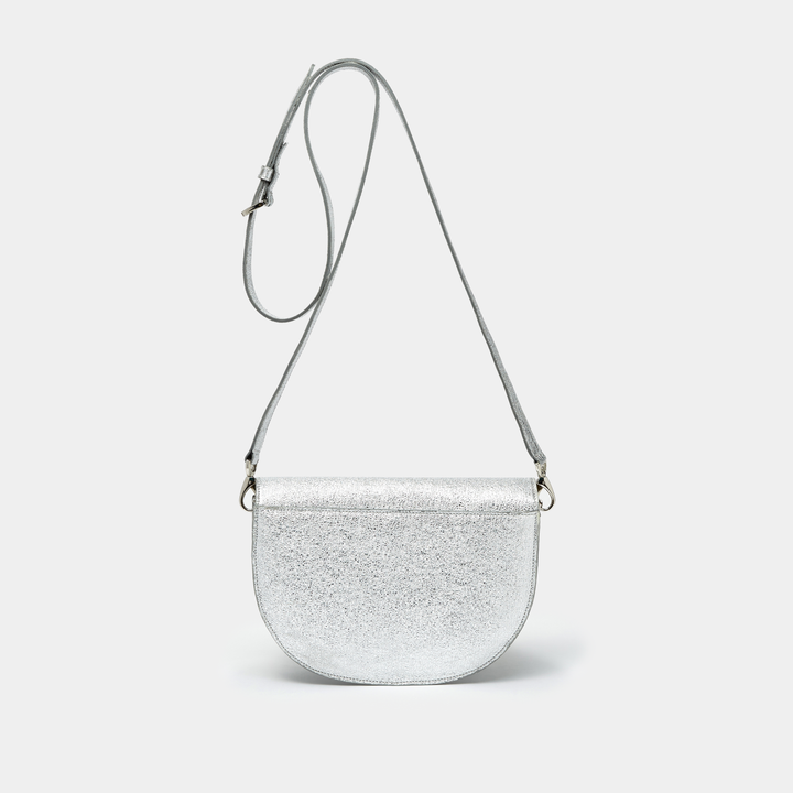 Crinkled Silver Leather Half moon shaped cross-body bag