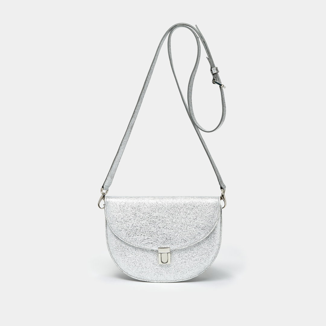 Crinkled Silver Leather Half moon shaped cross-body bag 