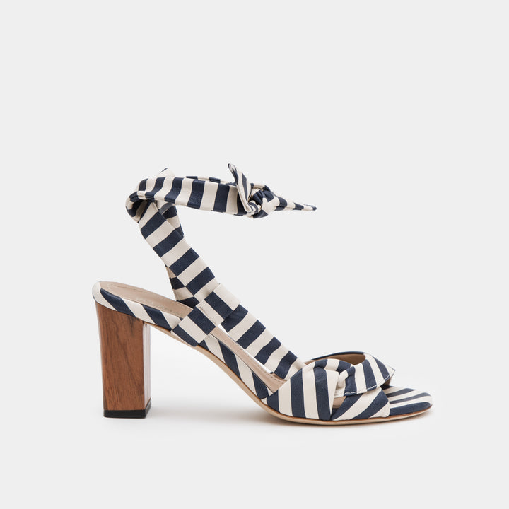 Navy and white striped nappa ankle tie Sandal with a block heel