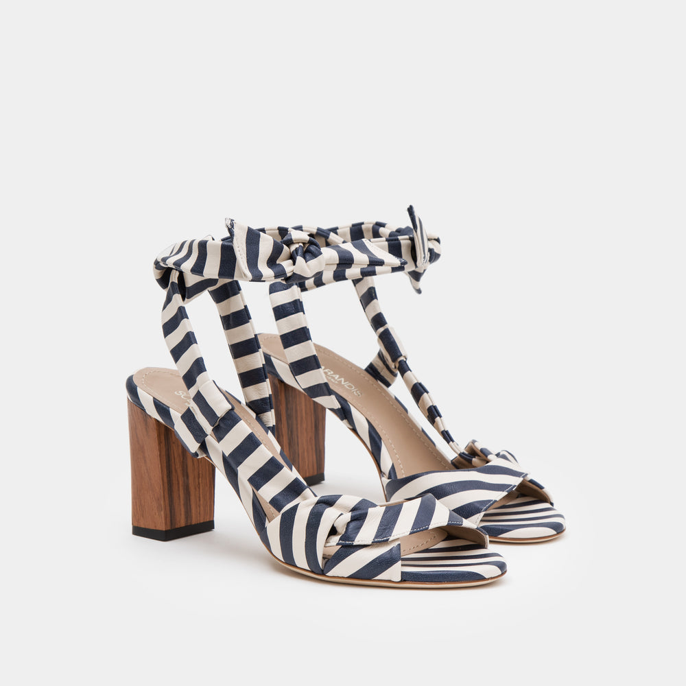 Navy and white striped nappa ankle tie Sandal with a block heel