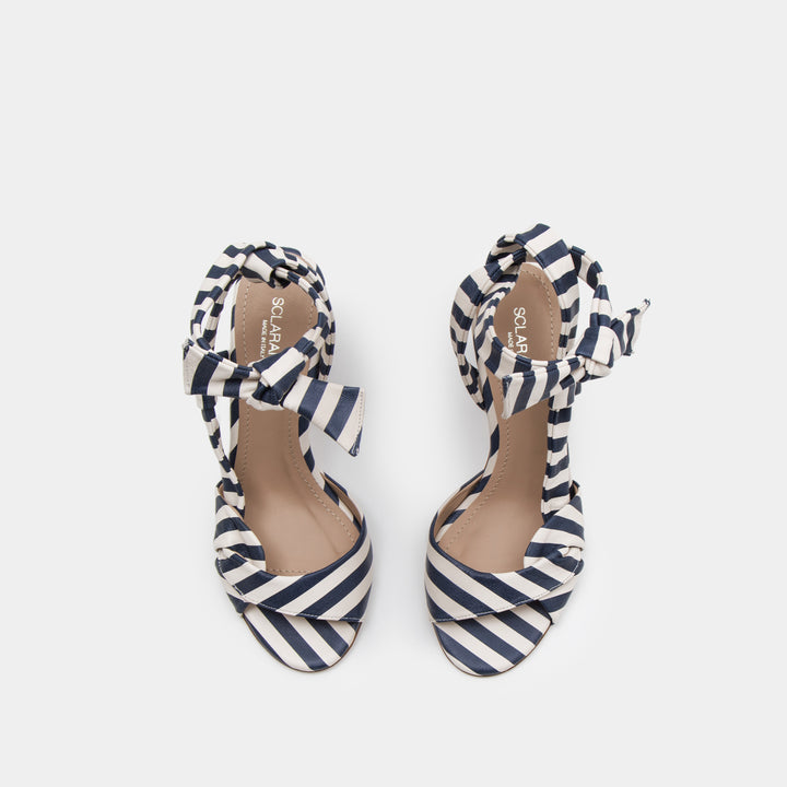 Navy and white striped nappa ankle tie Sandal with a block heel