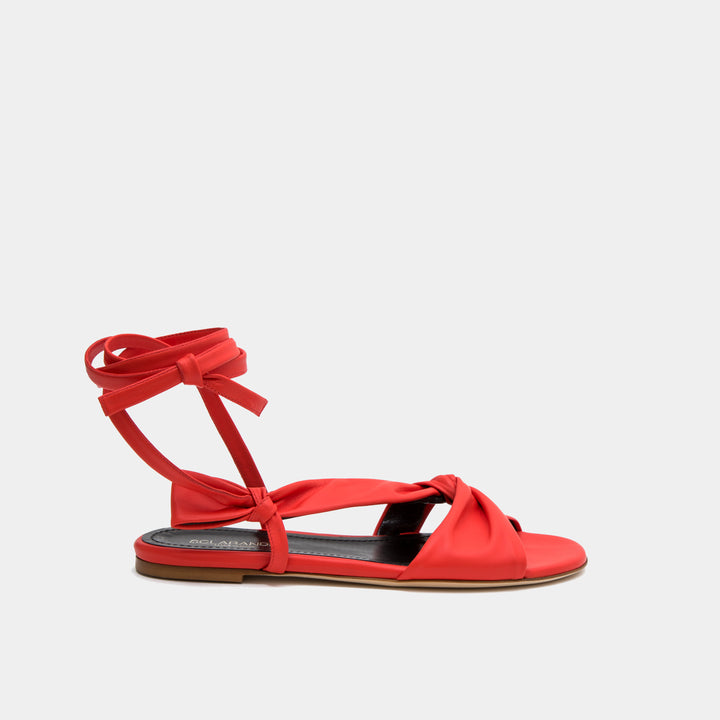 Red Knotted nappa flat sandal with an ankle tie wrap