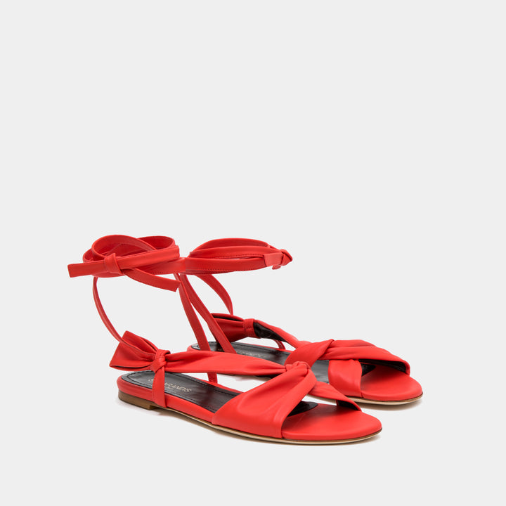 Red Knotted nappa flat sandal with an ankle tie wrap