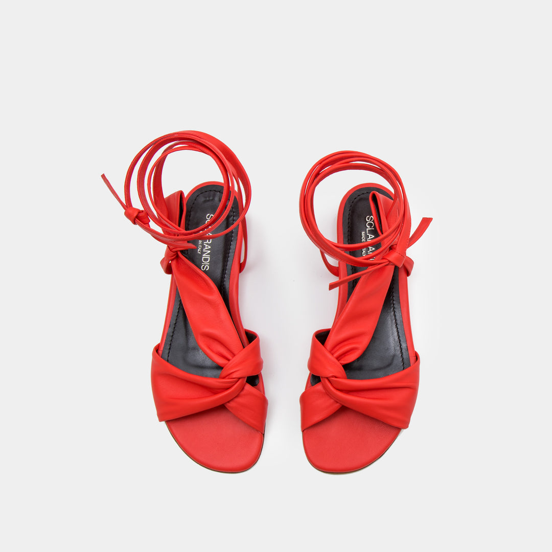 Red Knotted nappa flat sandal with an ankle tie wrap