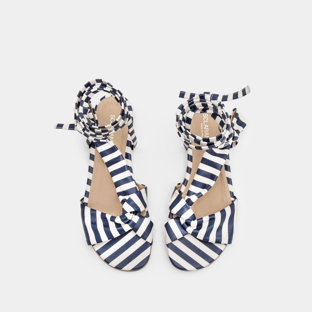 Striped Navy Knotted nappa flat sandal with an ankle tie wrap