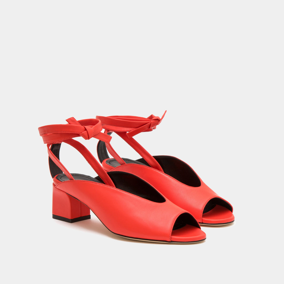 Red Nappa peep toe mule with an ankle tie wrap block heel