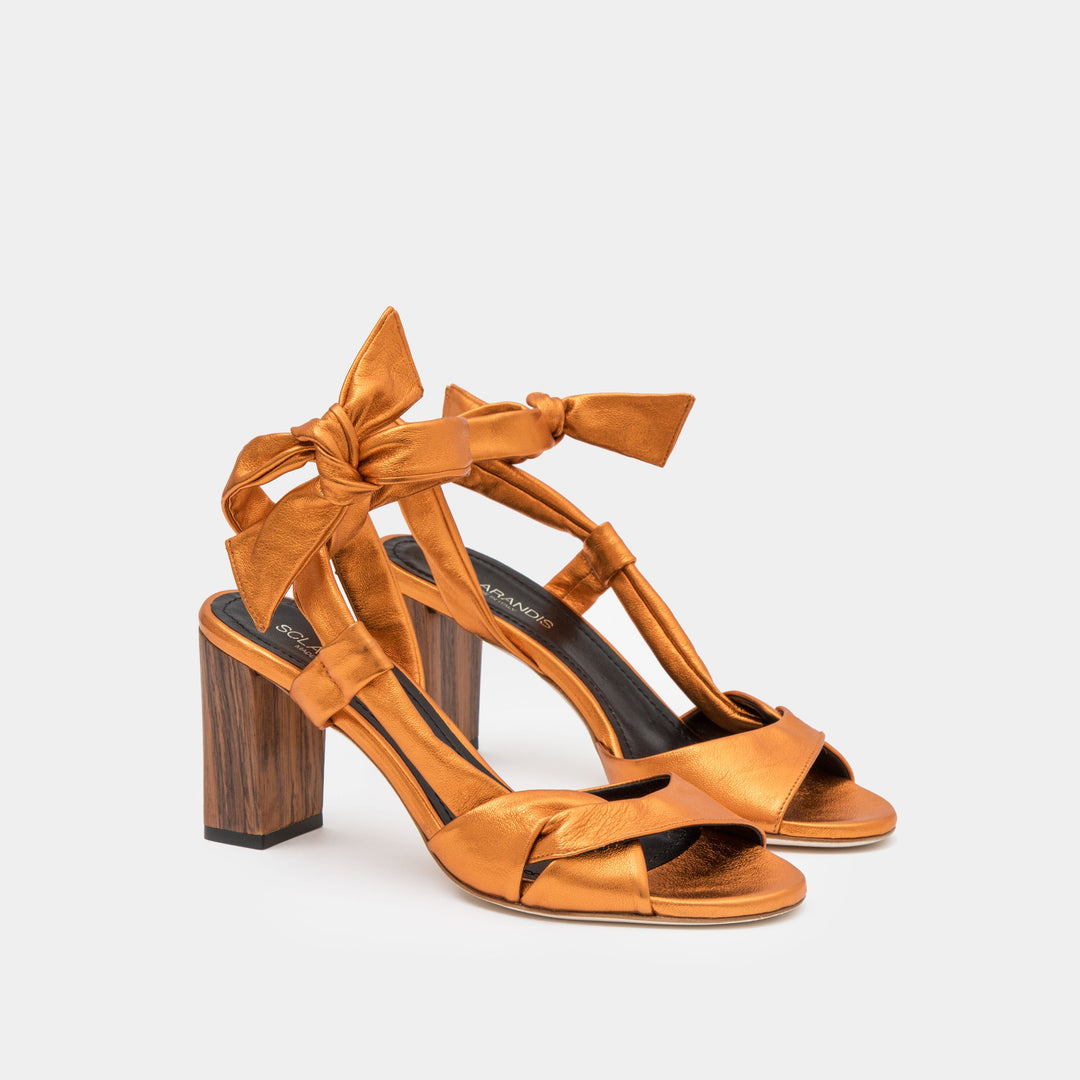 Copper metallic nappa ankle tie Sandal with a block heel