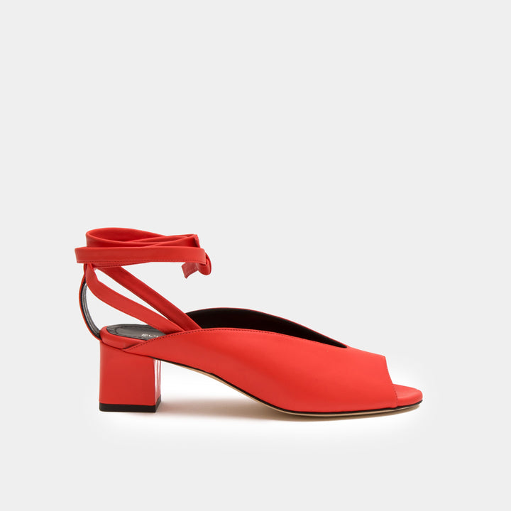 Red Nappa peep toe mule with an ankle tie wrap block heel