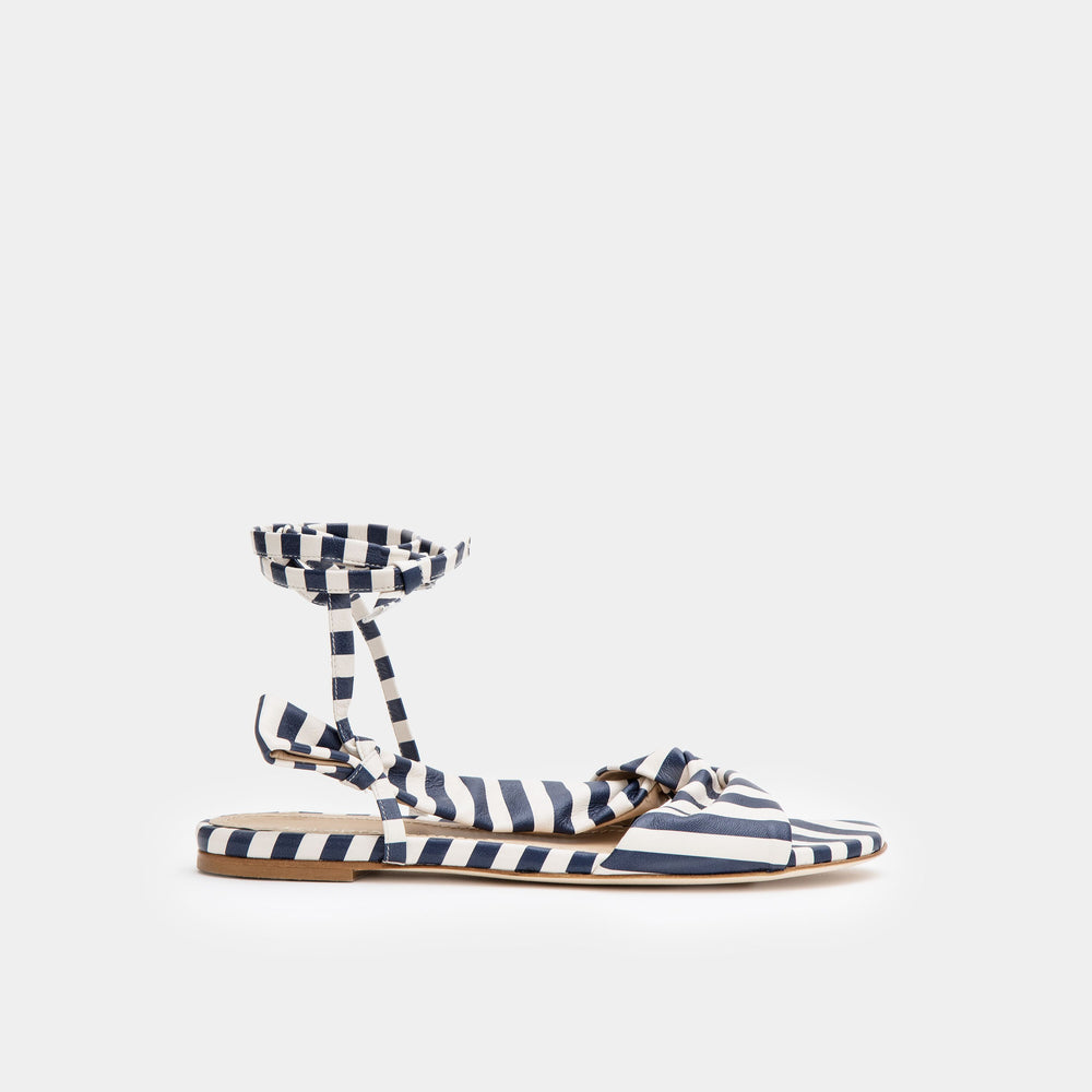 Striped Navy Knotted nappa flat sandal with an ankle tie wrap