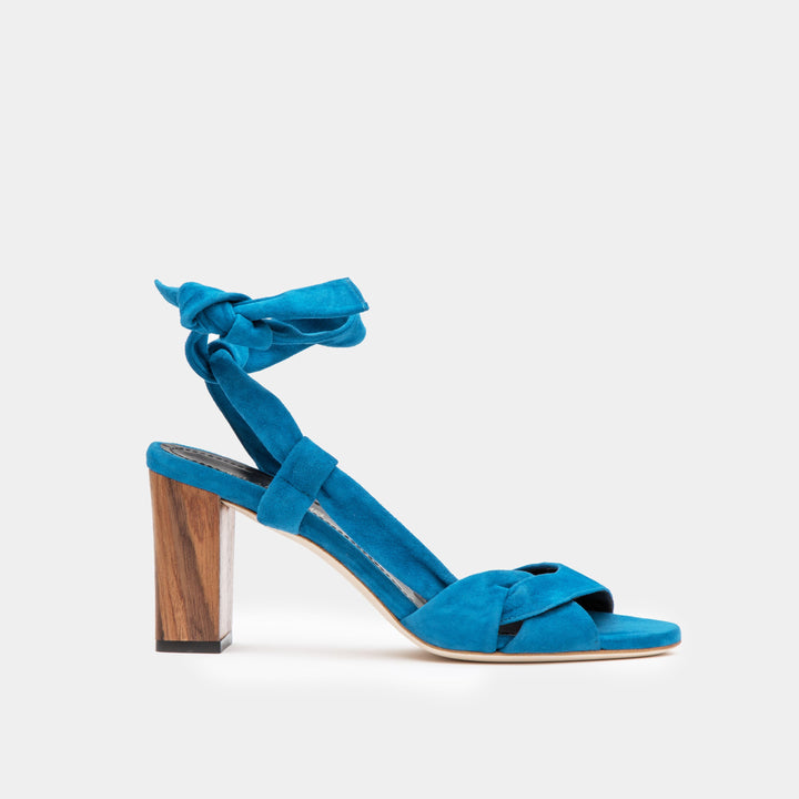 Azure suede ankle tie Sandal with a block heel